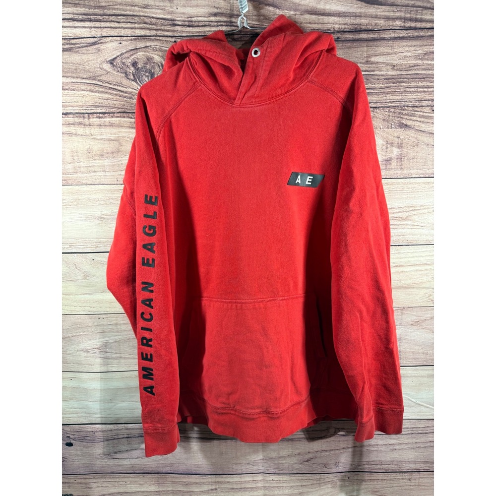 American Eagle Mens Red Pullover Hoodie Graphic Sleeve Logo Sweatshirt Size L